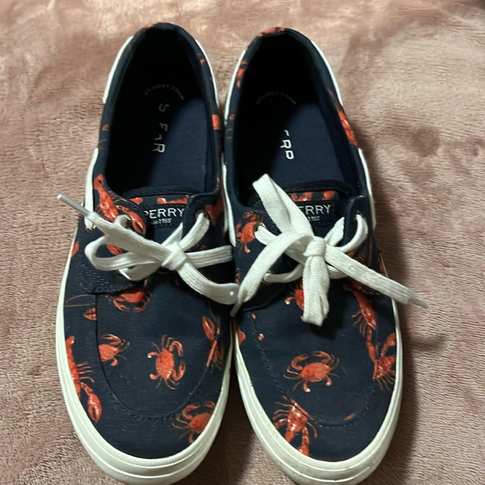 Sperry Crest Boat Navy Lobsters Crabs Theme Laced Shoes Women’s Size 8.5